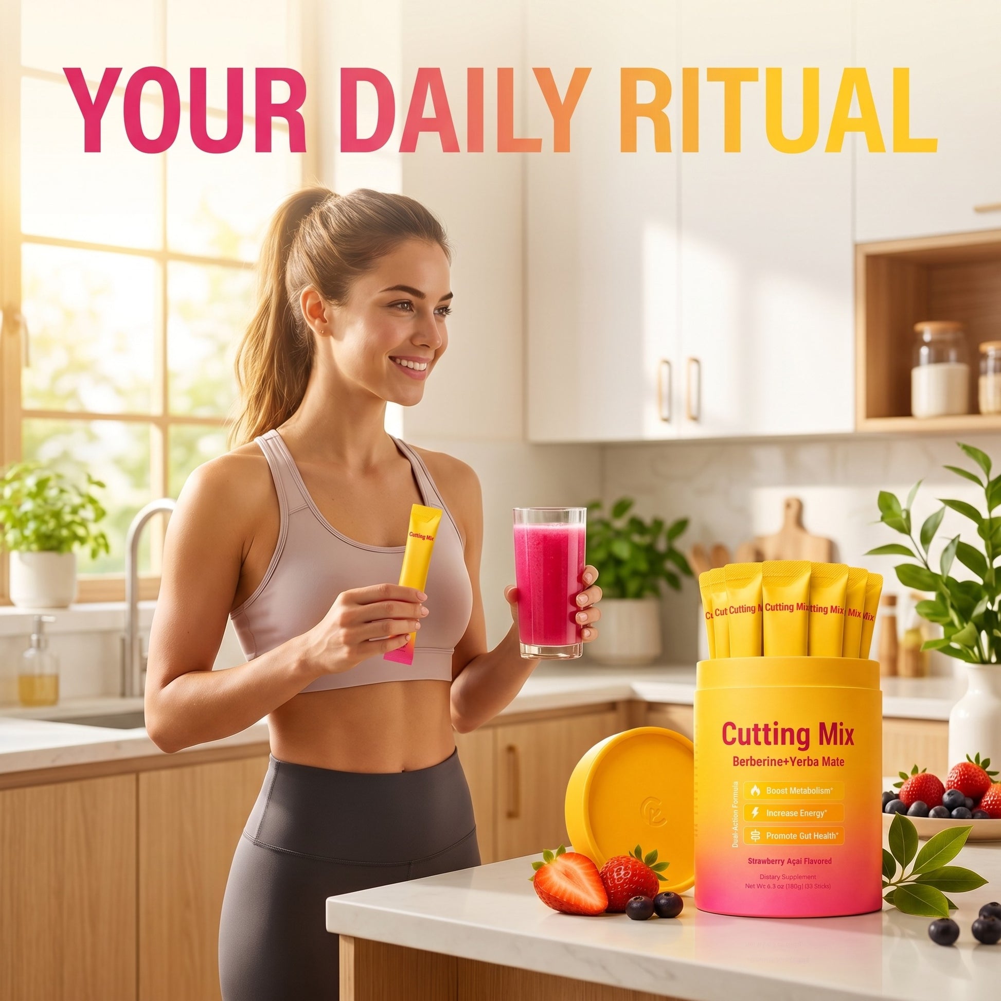 Ritlyn Ritual Mix Strawberry Acai drink mix as part of a daily morning routine