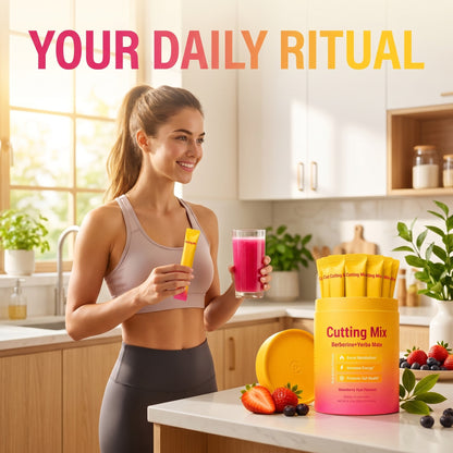 Ritlyn Ritual Mix Strawberry Acai drink mix as part of a daily morning routine