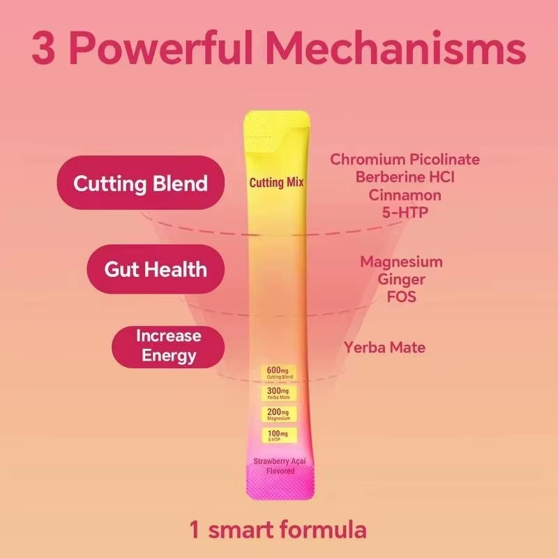 Cutting Drink Mix Berberine Yerba Mate & Magnesium, FOS Supports Satiety Signaling, Energy & Gut Health Strawberry Acai